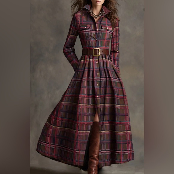 Oyrosy Dresses & Skirts - Oyrosy Retro Elegant Classy Lapel Reddish Brown Plaid Maxi Dress w/ Pockets